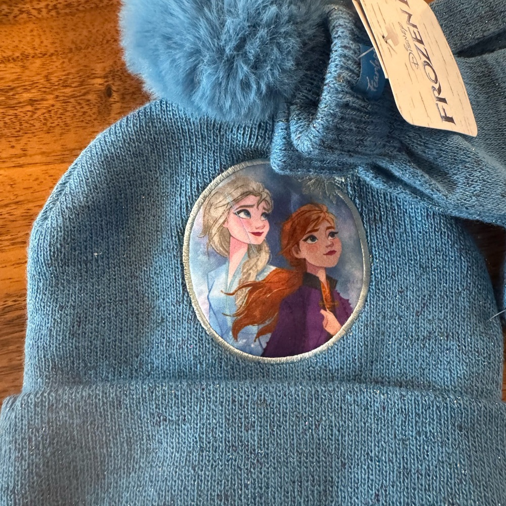 Disney Frozen Blue Kids Beanie with Pom Pom and gloves
